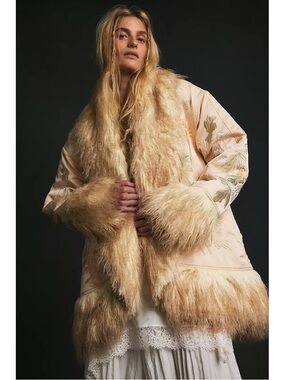 Free People Cream Combo Boho Moon Petals Jacket Floral Embroidered Faux Fur Trim